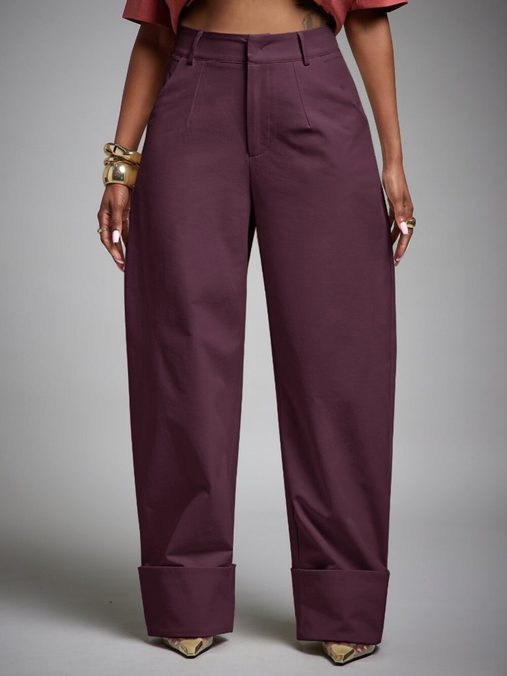 Burgundy Casual Women's High Waist Fold Over Cuffed Hem Barrel Leg Trousers